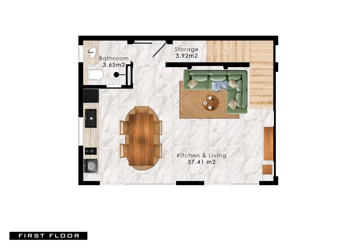 Перший поверх вілли 231 — кухня-вітальня 37,41 м²